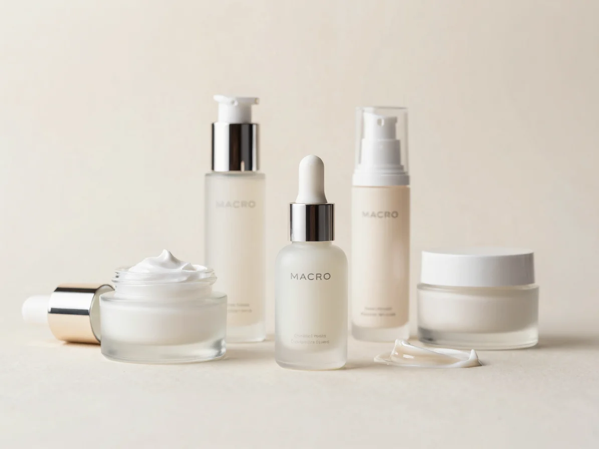 Macro cosmetic cream textures and polished glass bottles arranged