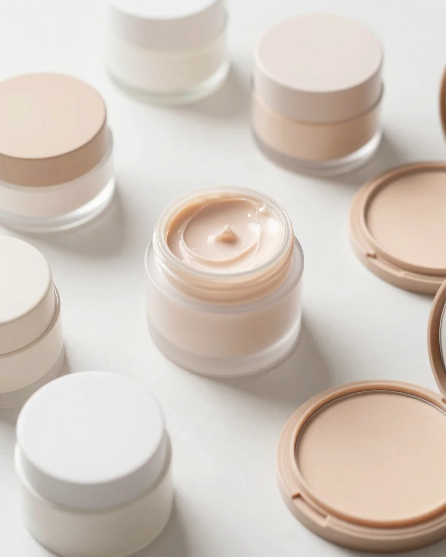 Overhead flat-lay of elegant neutral cosmetic jars and smooth pow